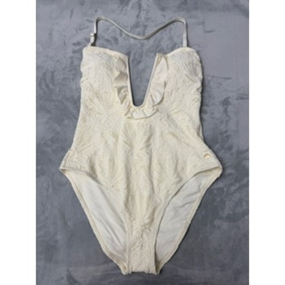 NWT CECE One Piece Swimsuit Womens Cream Lace Ruffle Deep V-Neck Sz10 $88 - Picture 1 of 14